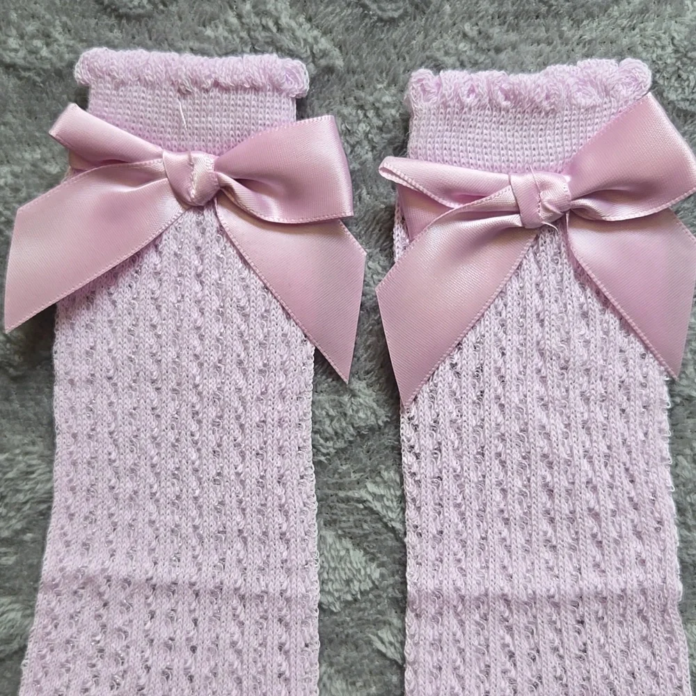 Baby Girl Purple Knit Knee High Socks Vintage Style Holiday Kids Bow Accessory